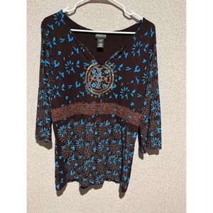 Baranda Brown & Blue Beaded‎ Embellished 3/4 Sleeve Top - Size XL